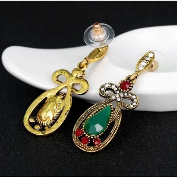 Vintage Emerald Ruby Diamond Drop Earrings - Picture 4 of 5